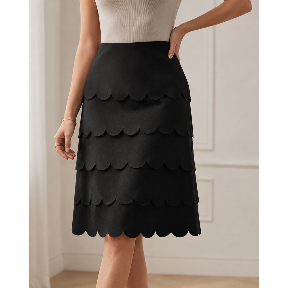 Maeve Anthropologie Skirt Black Scalloped Tiered Woolβ Blend Size 8 Knee Length